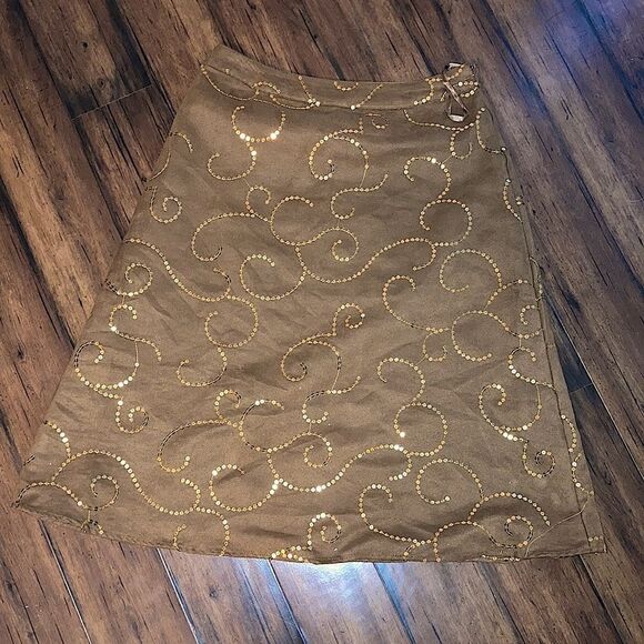 Vintage Carole Little Size 8 Brown and Gold Sequin Adorned Faux Suede Skirt - Picture 1 of 3